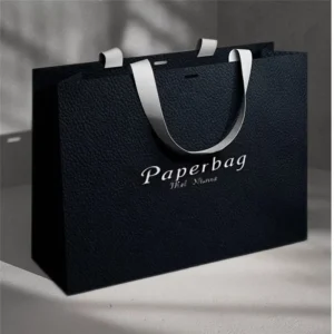 Customized Biodegradable Supermarket Paper Bags Luxury Design 300gsm Coated Card Paper Black Color Custom Logo Printing Ribbon