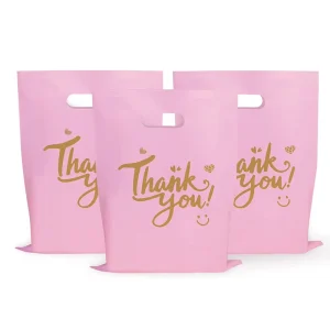 Customized Boutique Shopping Goods Gift Packaging Pink Smiley Face Die cut Handle Glossy Carry Plastic Bag Printing