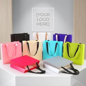 Customized Brand Logo Offset Printing Paper Bag Elegant Reusable Luxury Boutique Shopping White Black Gift Clothing Bag with Bow