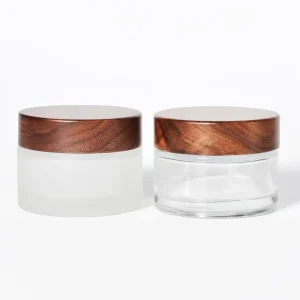 Customized Cosmetic Glass Jars 5g 10g 15g 30g 50g 100g 200g Clear Black Frosted Glass Jars With Wood Bamboo Cap