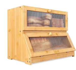 Customized Double Layer Wooden Bread Box Natural Bamboo Bread Box for Kitchen Countertop