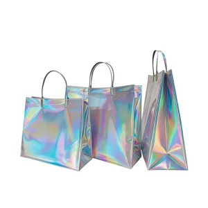 Customized Logo Durable Laser Film Packaging Shopping Bag with Plastic Handle for Supermarket Use