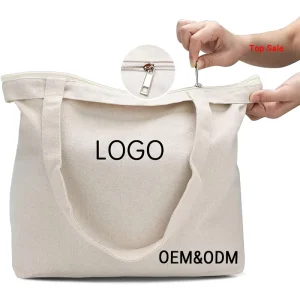Customized Logo Printed Recycle Plain Organic Cotton Canvas Tote Shopping Bags with Zipper
