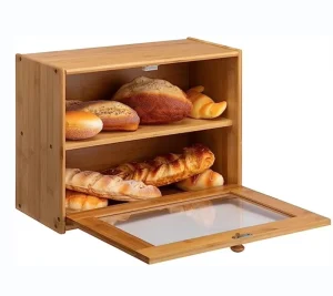 Customized Natural Bamboo Wood Bread Box Wooden 2 Layer Bread Box
