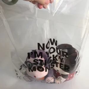 Customized Own logo Printed High clear PPE Die Cut Handle Plastic Plush Toy Carry Polybag