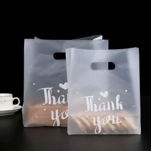 Customized PE Bottom Gusset Food Grade Take out Packaging Handbag Shopping Plastic Bag Exhibition Four Finger Punching Design