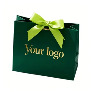 Customized Paper Bags Gift High end and Luxurious Green Hand Embedded Ribbon Handle Logo Embossed Durable Material for Shop