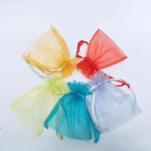 Customized Pink Feather Drawstring Organza Candy Pouches Packaging Materials