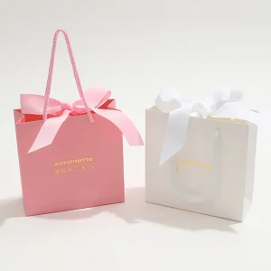 Customized Printed Ribbon Jewelry Paper Gift Bags with Bow Custom Logo Luxury Ribbon Handle Shopping Packaging Bag