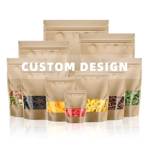 Customized Recycled Kraft Paper Dry Food Packaging Brown Stand up Pouches Translucent Window Reusable Eco Friendly