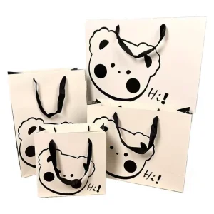 Cute Cartoon Bear Pattern Gift Paper Bags Ribbon Handle Reusable Shopping Tote Bag Birthday Gift Boutique Retail Store Packaging