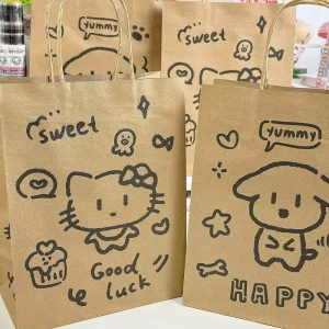 Cute Cartoon Kitty Dog Print Kraft Paper Gift Bags Handheld Packaging Tote Bags