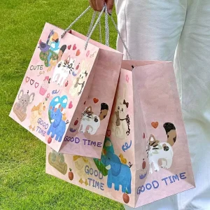 Cute Hand Drawn Zoo Animal Paper Gift Bags Soft Pink Sweet Cartoon Animal Present Tote for Party Wrapping