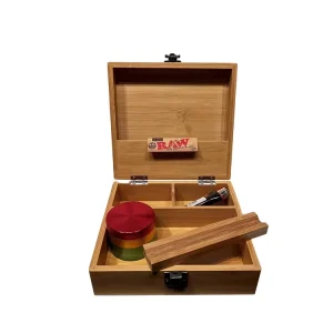 DS Custom Engraved Rectangle Bamboo & Wood Eco Friendly Recyclable Locking Stash Box Combo with Large Rolling Tray