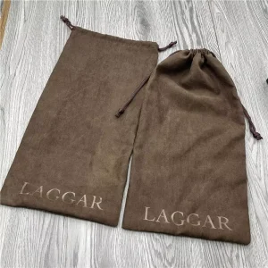 Dark Brown Suede Drawstring Dust Bag for Shoes Purse Handbag Gift Bag with Shiny Brown Logo Vintage Reusable