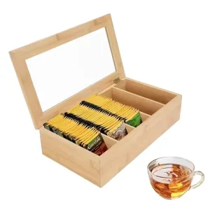 Detachable Bamboo Wooden Tea Bag Storage Box 5 Compartments Rectangular Organizer Stand Holder for Kitchen Office Countertop