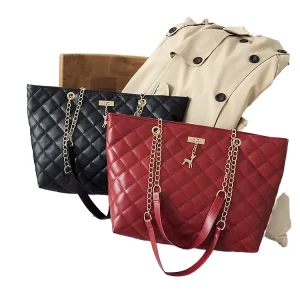 Diamond Pattern Embroidery Chain Lock Belt Bag for Women Trendy Large Bag for Women Handbag
