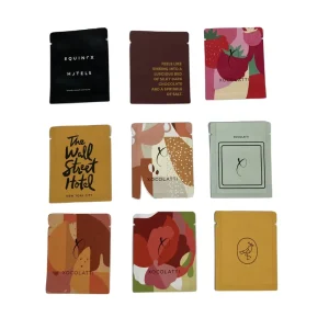 Digital Printed 200pcs MOQ Biodegradable Sample Bags 3 Side Seal Compostable Paper Sachet for Chocolate Packing Sample Pouch