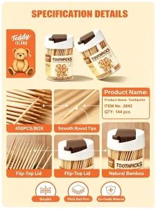 Disposable Bamboo Wooden Toothpicks 450Pcs Box Eco Friendly Double Pointed Tooth Picks