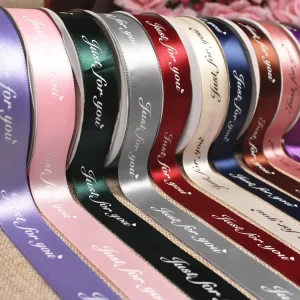 Double Face Satin Flower Ribbon Custom Logo Foil Printed Grosgrain Ribbon for Gift Packaging