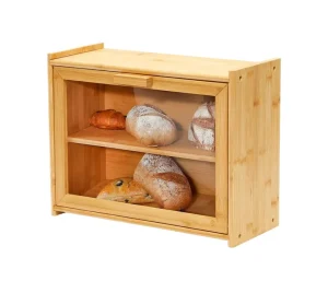 Double Layer Bread Box With Clear Window Bread Storage and Organizer for Kitchen Countertop Bamboo Bread Storage