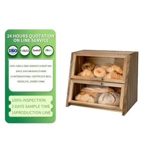 Double Layer Drawer Wooden Bread Box With Clear Front Panel Solid Wood Food Storage Container for Kitchen Loaf Storage
