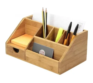 Double Tier Bamboo Desk Organizer for Living Room Stationery Pen and Pencil Holder