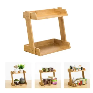 Double Tier Small Bamboo Multifunctional Makeup & Countertop Organizer Corner Spice Rack Shelves Standing for Storage