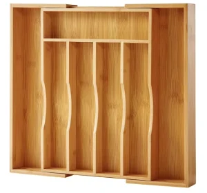 Double Tiers Bamboo Caddy Drawer Organizer Storage Box Bin Set Wooden Cutlery Tray with Inserts