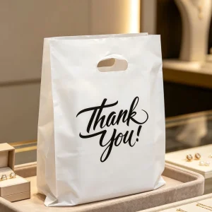 Durable White Thank You Punch Hole Plastic Shopping Bags Tear Resistant Die Cut Carrier Bags for Small Goods Packaging Bulk