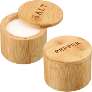 Eco Friendly 2 Pieces for 1 Set Round Shape Bamboo Wood Pepper Box Salt Container Spices Storage Box with Lid