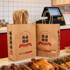 Eco Friendly Biodegradable Brown Kraft Twisted Handle Food Safe Wedding Banquet Catering Meal Paper Bags