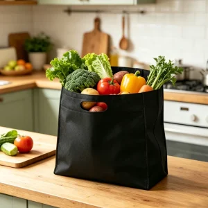 Eco Friendly Black Non woven Fabric Four finger Handbag Custom Logo Durable Recyclable Reusable Shopping Bag for Supermarket