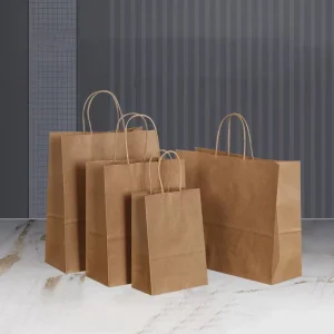 Eco Friendly Classic Custom Logo Printed Brown Kraft Paper Shopping Bag Drawstring Embossed Exhibition Bakery Food Takeout