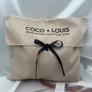 Eco Friendly Cotton Dust Pouch for Clothes Handbag Custom Logo Printed Beige Twill Cotton Calico Envelope Bag with Ribbon Tie