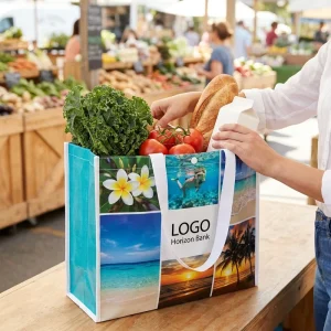 Eco Friendly Custom Logo Full Color Print Laminated Non Woven Tote Bag Reusable Shopping Supermarket Grocery Bag