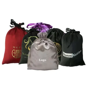 Eco Friendly Dust Proof Large Satin Bag Recyclable Satin Drawstring Bag with Custom Logo and Silk Screen Printing