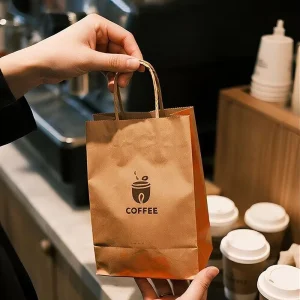 Eco Friendly Food Grade White Kraft Reinforced Handle Greaseproof Chain Store Beverage Takeaway Promotional Coffee Paper Bags