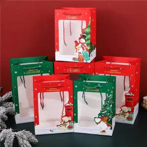 Eco Friendly Holiday Print Paper Gift Bag Clear Window Custom Logo Festive Bakery Party Favor Supermarket Carrier Bag