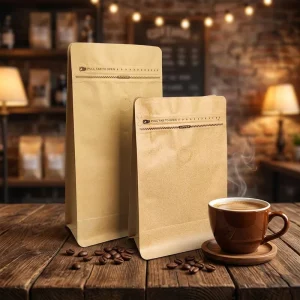 Eco Friendly Kraft Paper Flat Bottom Bag with Zipper Custom Printed for Tea Coffee and Food