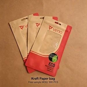 Eco Friendly Kraft Paper Plat Pouch with Zipper and Clear Window for Organic Food Packaging and Snack Storage Bags