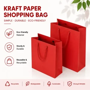 Eco Friendly Kraft Paper Shopping Bag with Rope Handle Sturdy & Recyclable Red for Retail Gift Packaging