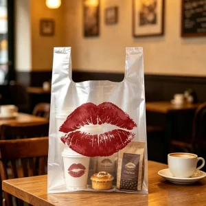 Eco Friendly Optional Lip Pattern Printed Clear Plastic Vest Shopping Bag Reinforced Handle Grocery Tote Bag Custom Size