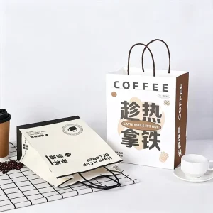 Eco Friendly Recyclable Black Kraft Die Cut Handle Food Safe Campus Cafe Beverage Takeout Branded Coffee Paper Bags