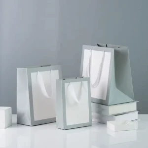 Eco Friendly Recyclable Green Grey Luxury Shopping Paper Bags Gold Stamping Printed Logo Customizable With Handles
