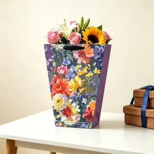 Eco Friendly Recyclable Kraft Floral Gift Bag Hand Length Handle Watercolor Floral Print Reusable for Florists Fresh Bouquet