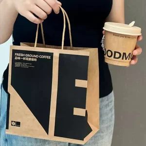 Eco Friendly Recyclable White Kraft Flat Handle Food Safe Milk Tea Shop Beverage Takeaway Promotional Coffee Paper Bags