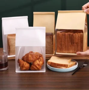 Eco Friendly Recyclable White Paper Square Bottom Bread Loaf Bags Resealable Drawstring Clear Window for Homemade Baked Goods