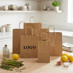 Eco Friendly Recycled Brown Kraft Shopping Paper Bag Custom Logo Printed for Food Takeaway Packaging