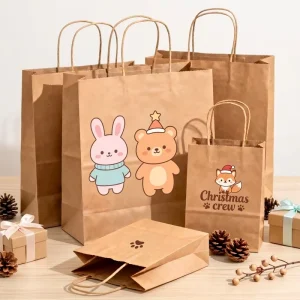 Eco Friendly Recycled Kraft Paper Bags Ribbon Cotton Rope Handles Reusable Fresh Keeping Fruit Vegetable Delivery Packaging